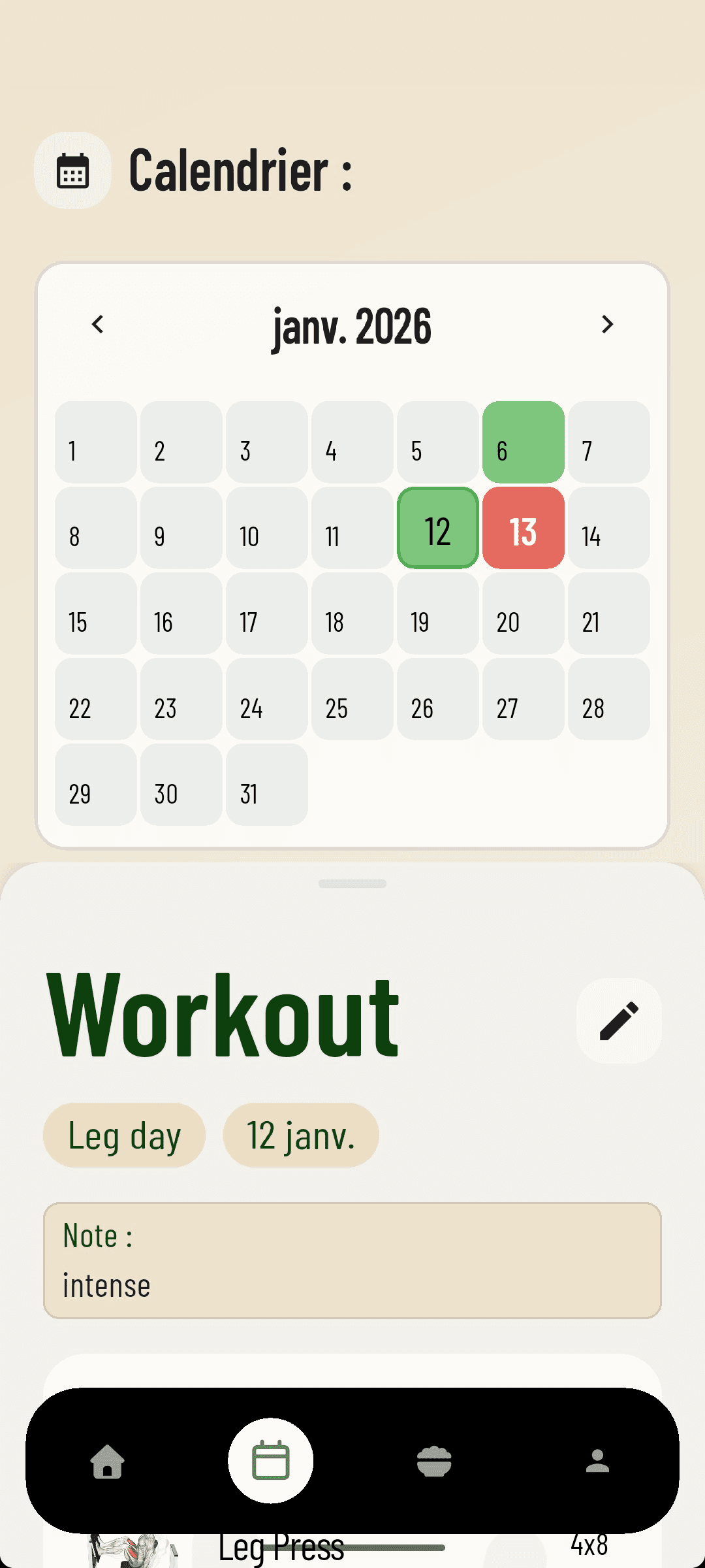 Fitness App — Calendrier des séances